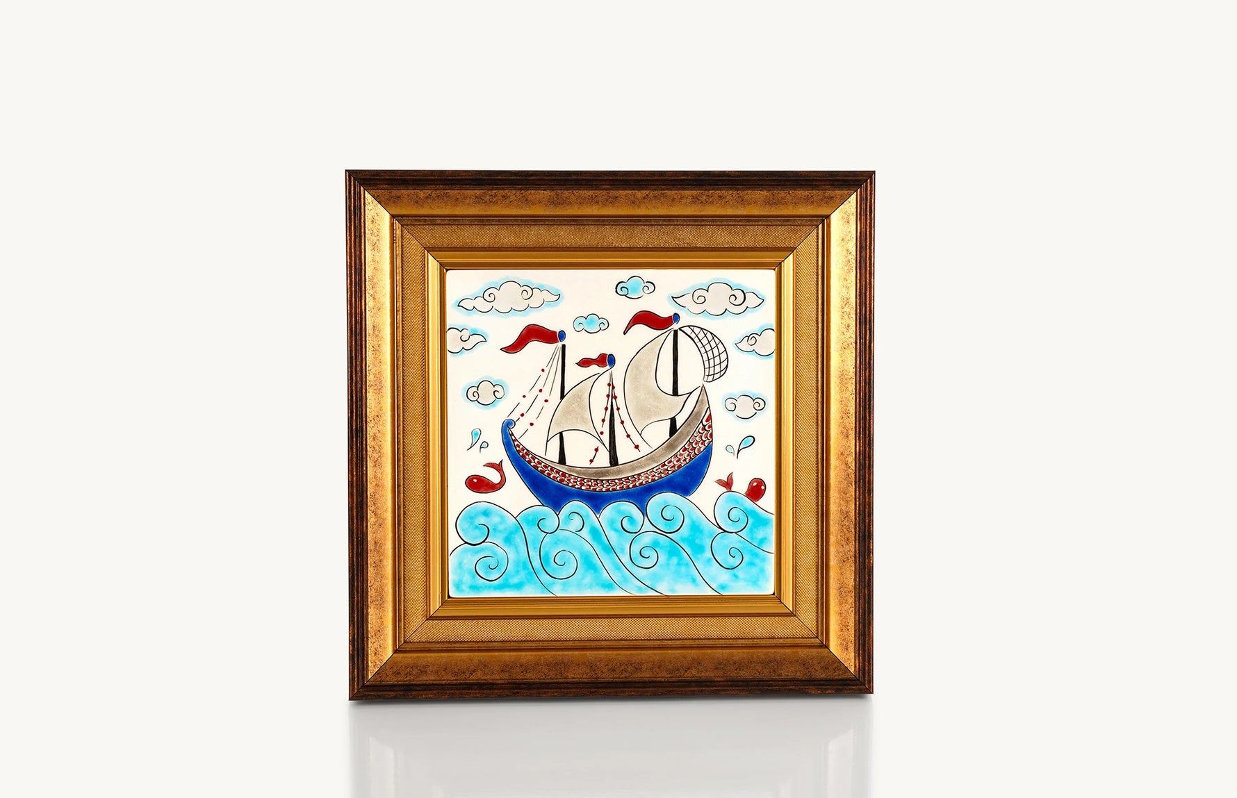 Turquoise, blue painted sailing vessel on square ceramic tile