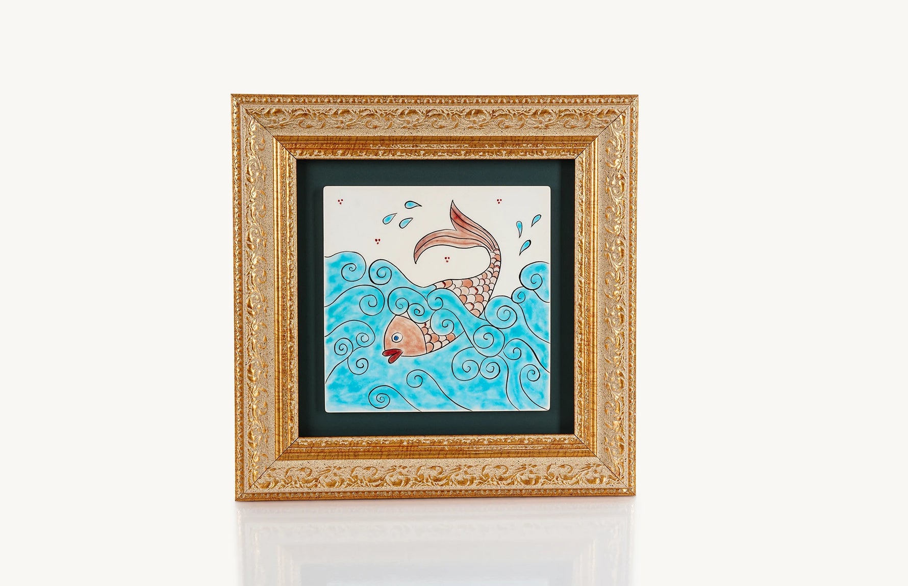 Painted fish in turquoise water framed square ceramic wall tile