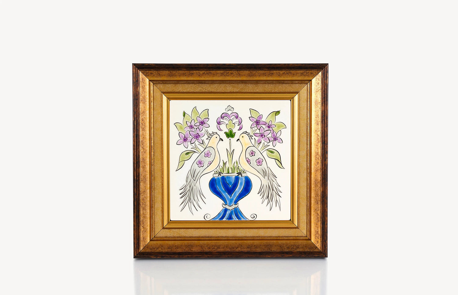 Two birds sitting on the vase, painted ceramic square tile