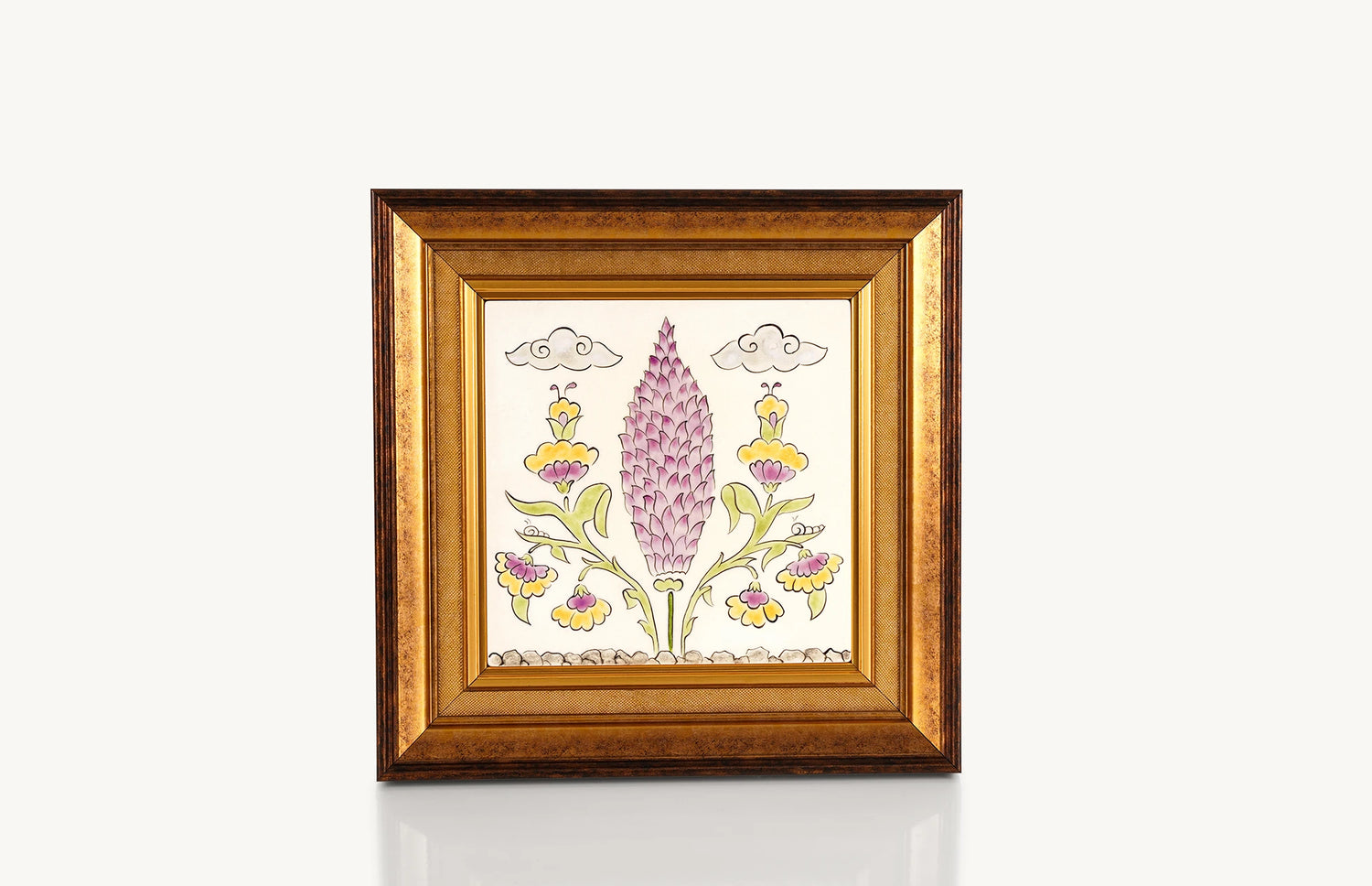 Cypress tree in purple color painted on framed square tile