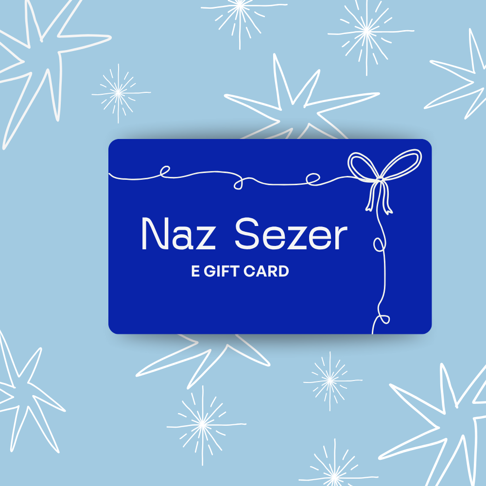 Blue background card with inscriptions: Naz Sezer E Gift Card