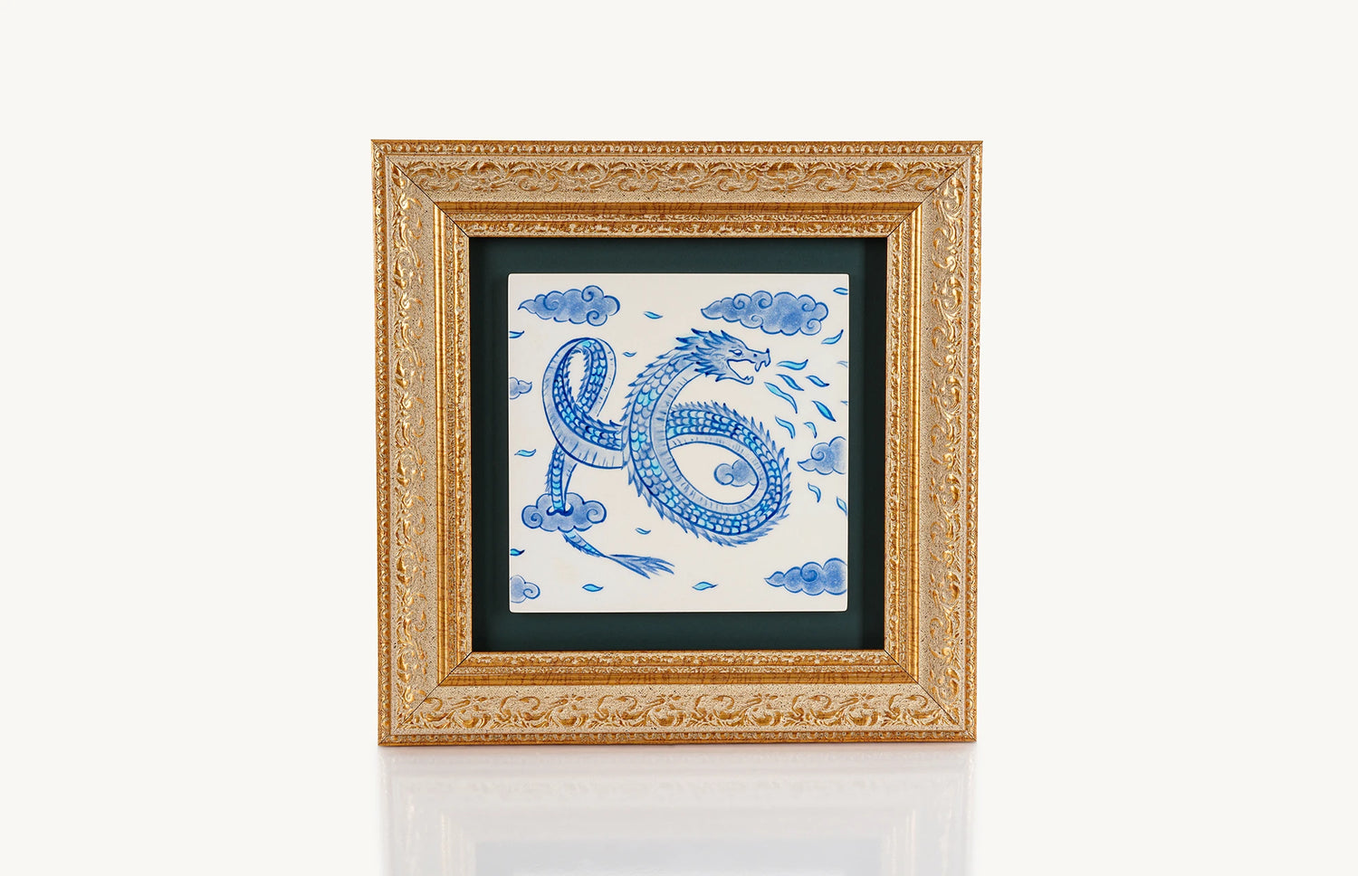 Blue painted fire-breathing dragon on a white background square tile
