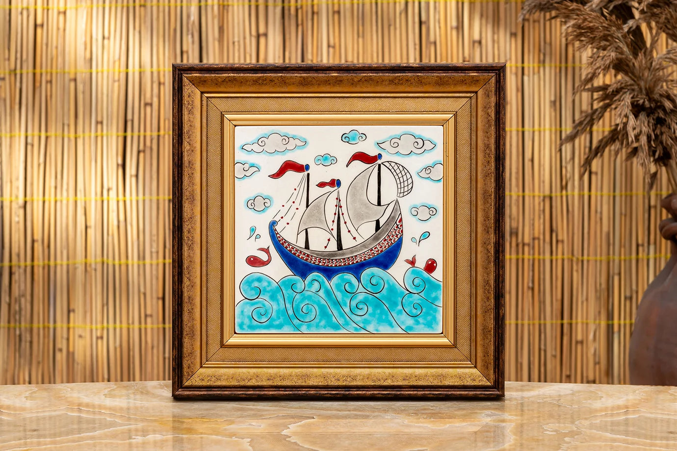 Turquoise, blue and red painted vessel on the sea, framed square Turkish ceramic 