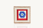 Pench petal motifs in Ottoman blue, turquoise and red accent framed with wooden frame ceramic tile.