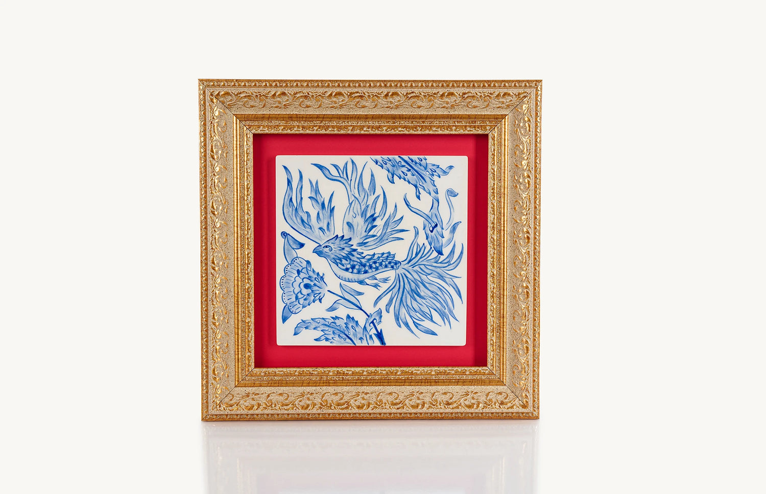 Blue and white ceramic tile depicting Phoenix bird