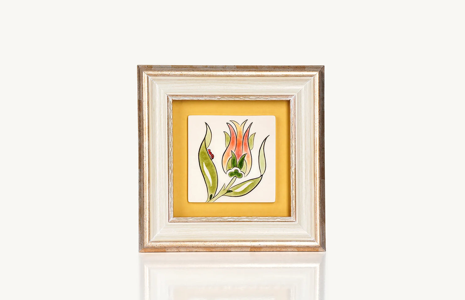 Tulip flower painted on a white surface of square ceramic wall tile